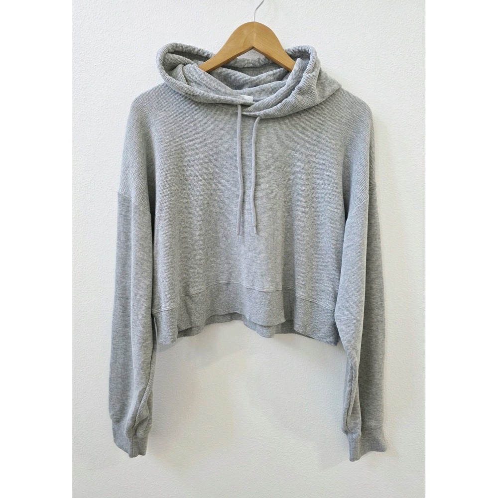 Aritzia Sunday Best Gray Waffle Knit Cropped Long Sleeve Hooded Top Size Large